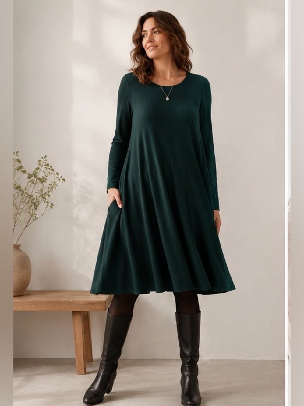 J JILL - 2X- Deep Emerald Green Dress Knit Dress. A-line, long sleeve. Modest. - Picture 2 of 12